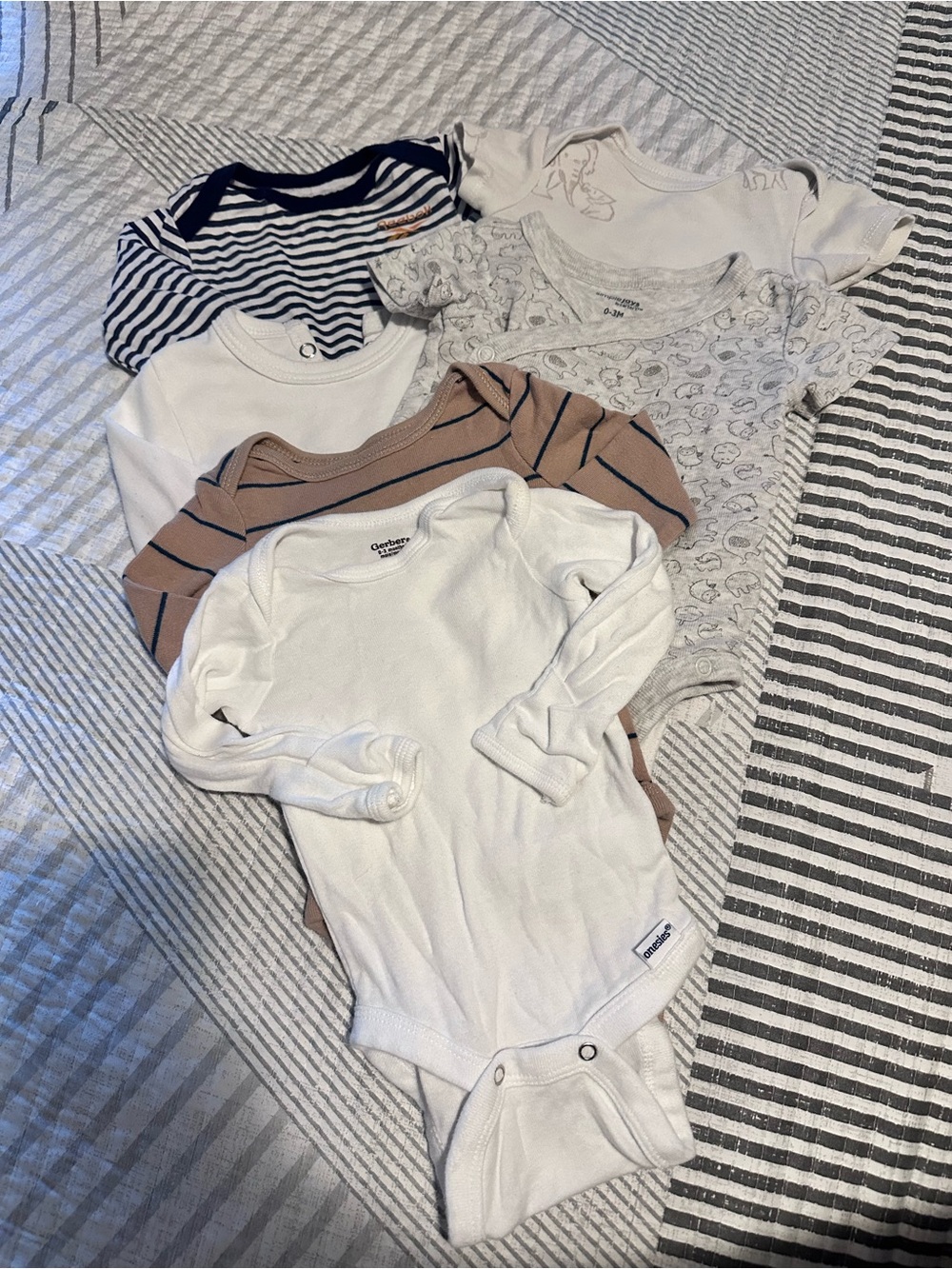 Gerber Long-Sleeve Baby Bodysuit Set in White, Navy & Tan